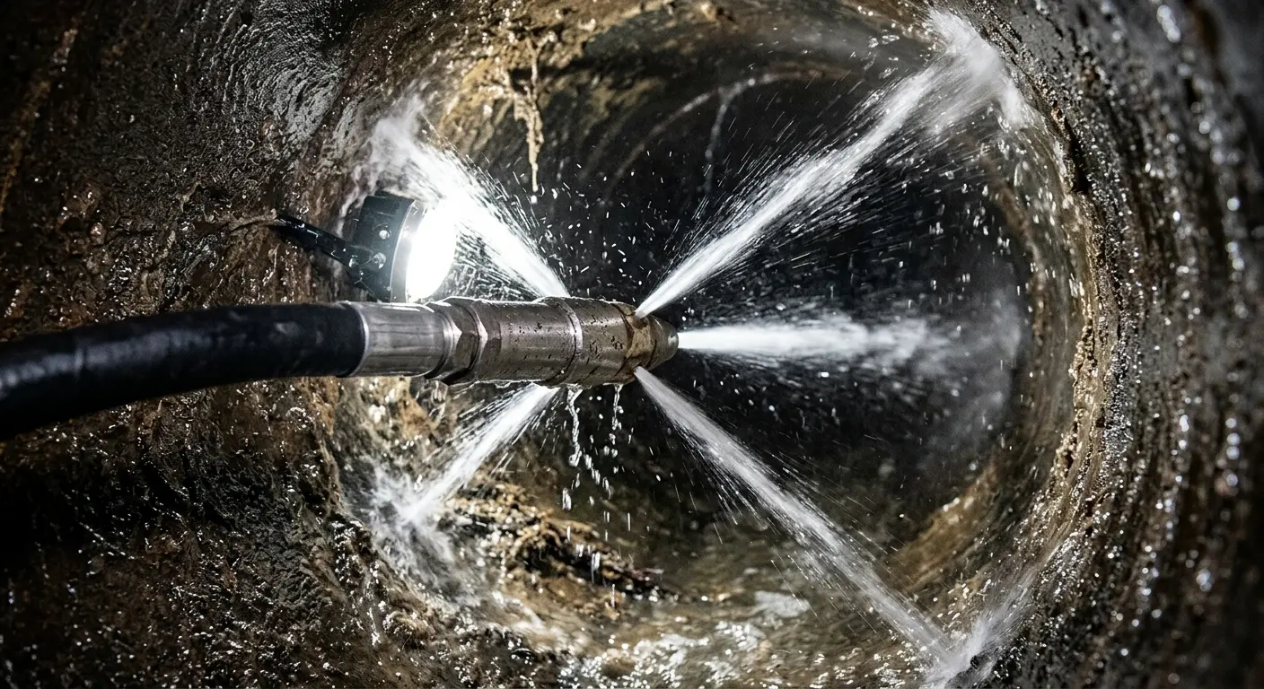 High-pressure hydro jetting nozzle cleaning sewer pipe for Sewer Cleanout in Hopkinton